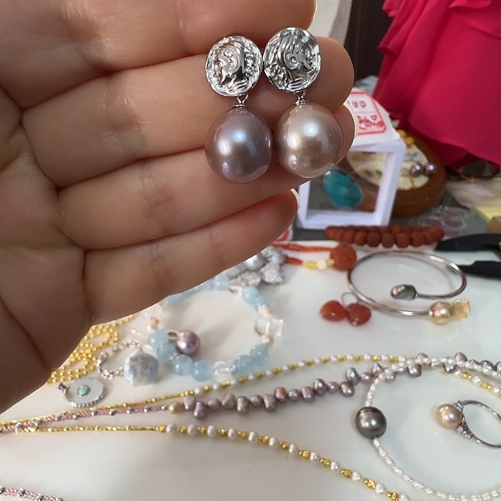 乐***园耳饰银S925镶嵌淡水珍珠12.2紫珠正常纹