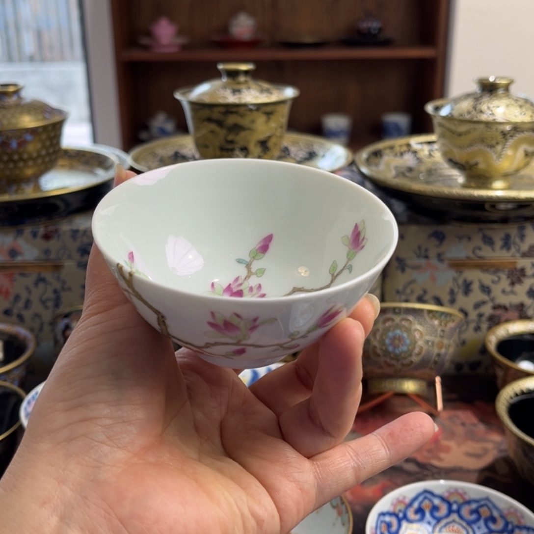 全手工全手绘珐琅彩玉兰花杯