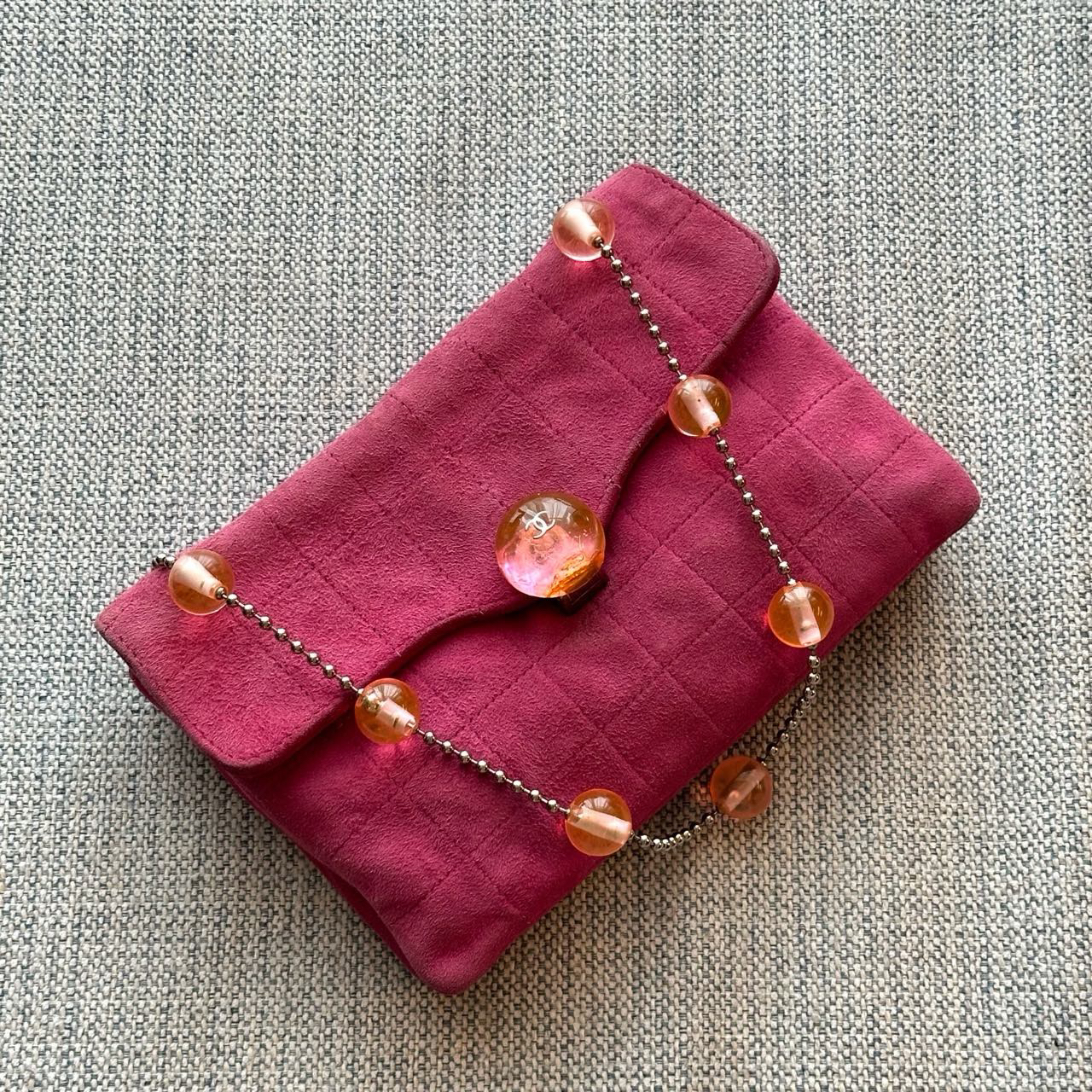 95新 Chanel/香奈儿 只盒/中古枚粉色麂皮冰格亚克力珠珠手拎包