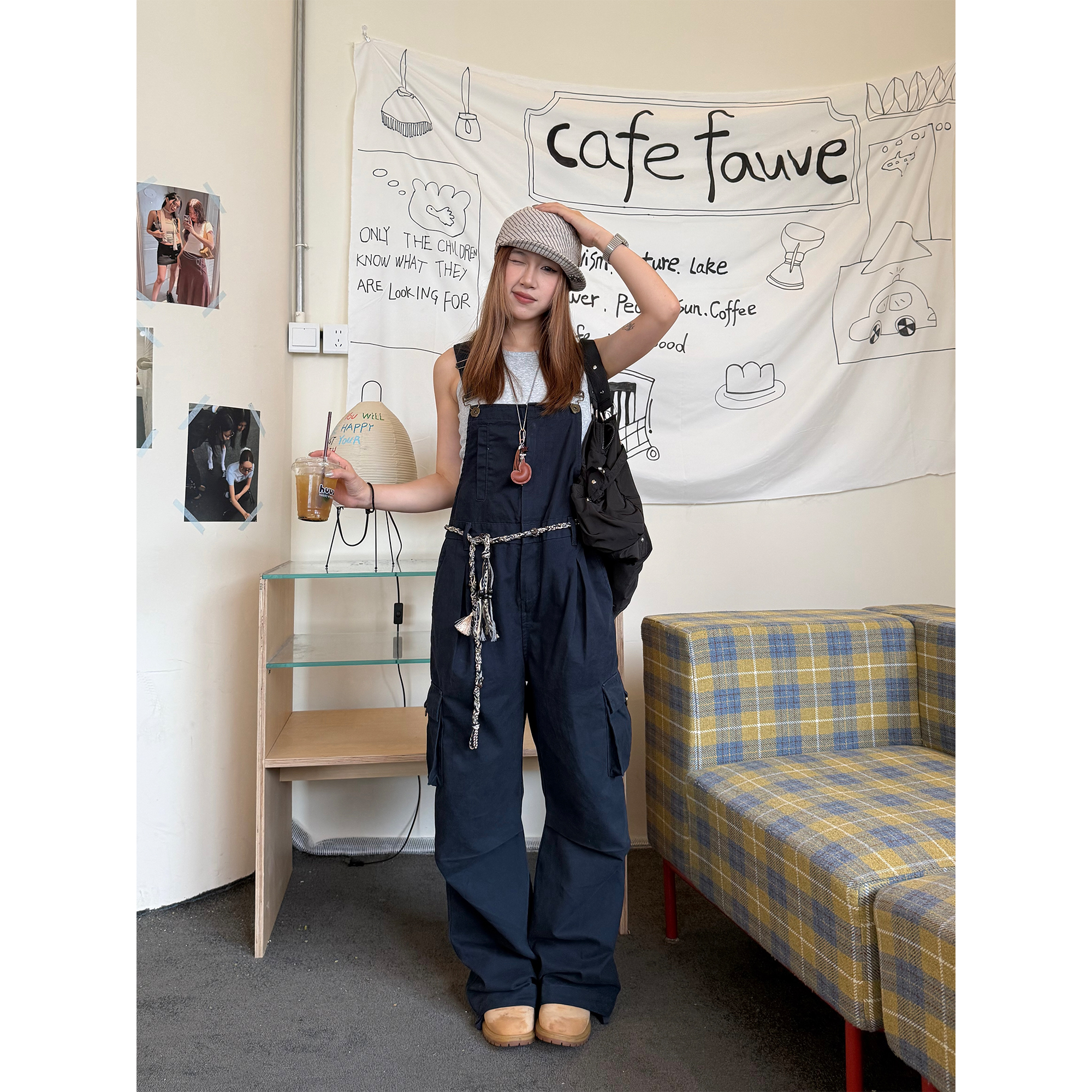 川川也家美式复古直筒工装背带裤宽松休闲街头连体裤纯色裤子