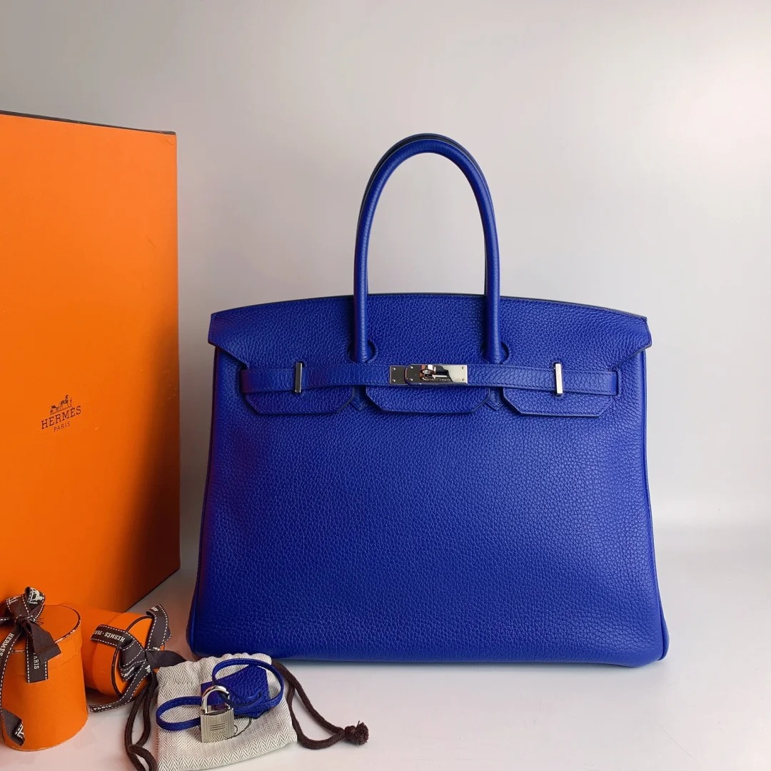99新 Hermes/爱马仕 小花JerryBirkin 35 电光蓝 框O 银扣包 
