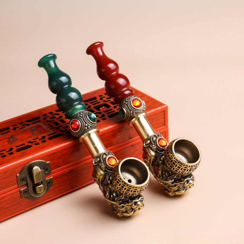 黄铜貔貅烟斗玛瑙嘴传统老式旱烟斗个性把玩节日礼品送长辈旱烟袋