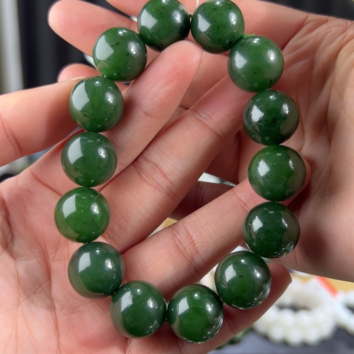 和田玉手串未镶嵌俄罗斯碧玉菠菜绿卡16圆珠