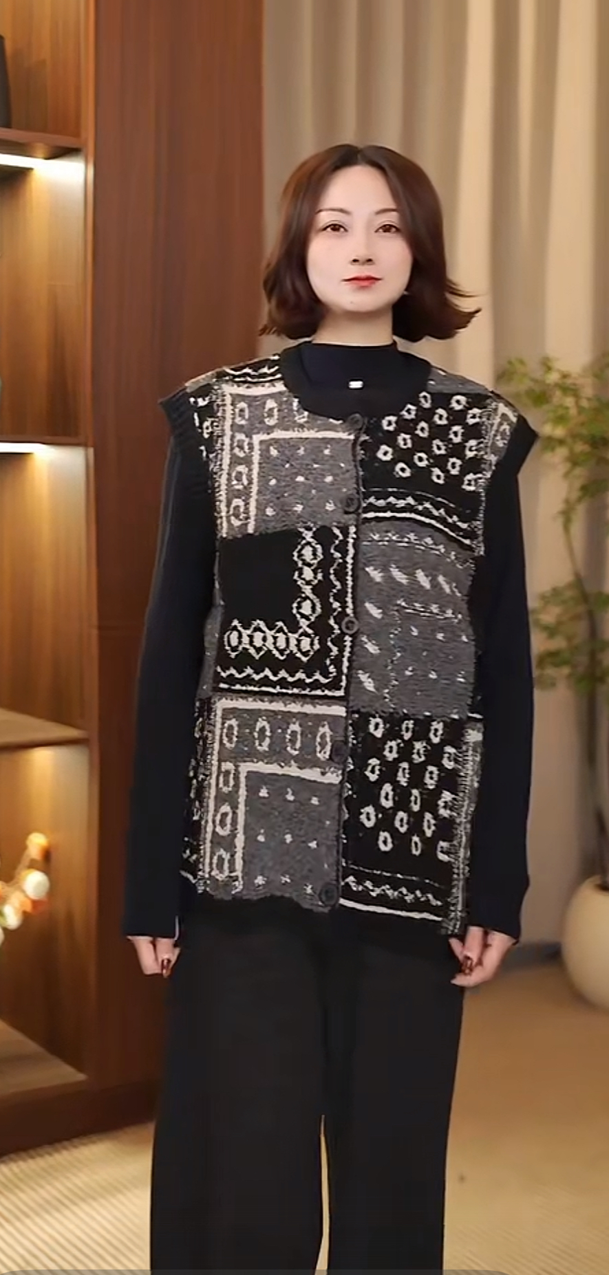 拼接圆领背心百搭厚款常规款秋季马夹复古小香风韩版冬季