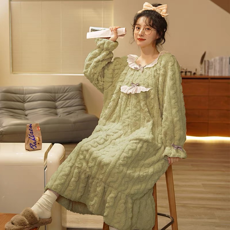 女睡裙绿色冬天长袖大码睡衣女款秋冬款款号7112