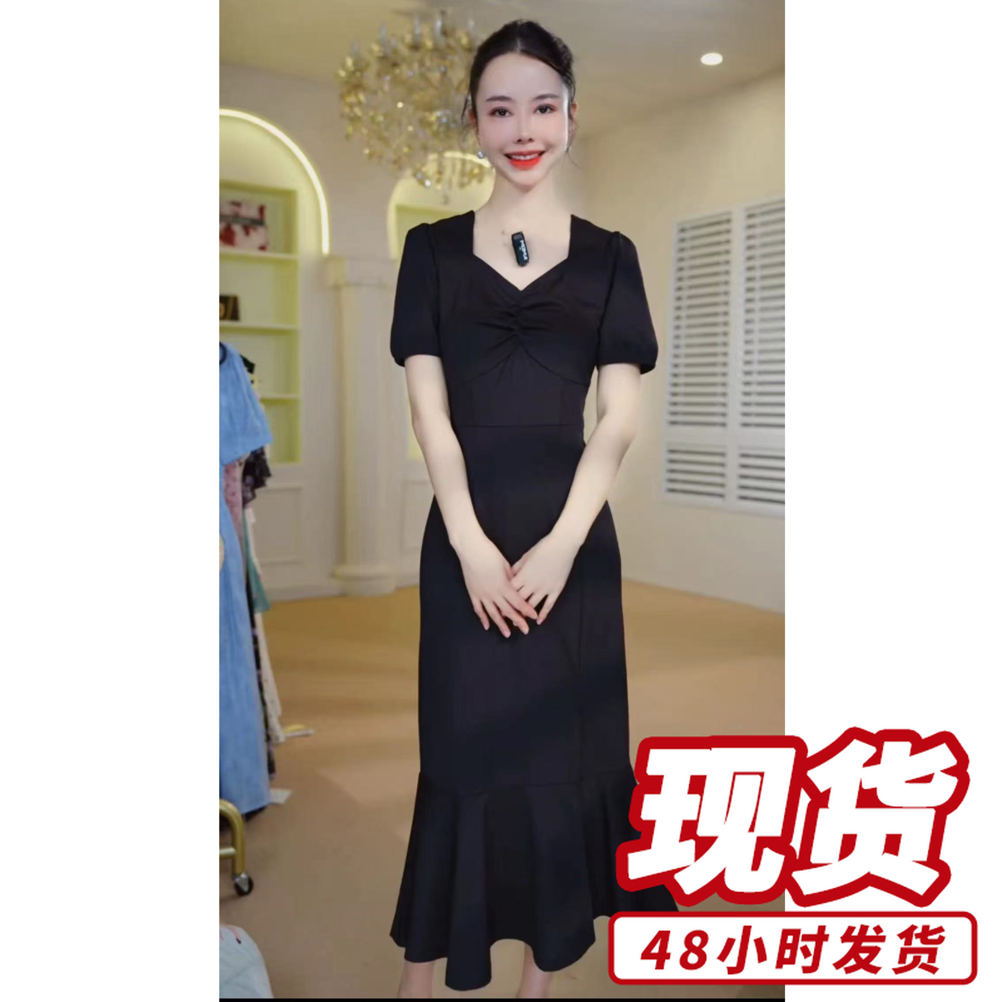 长裙气质收腰设计感小黑裙夏季赫本风连衣裙A36145