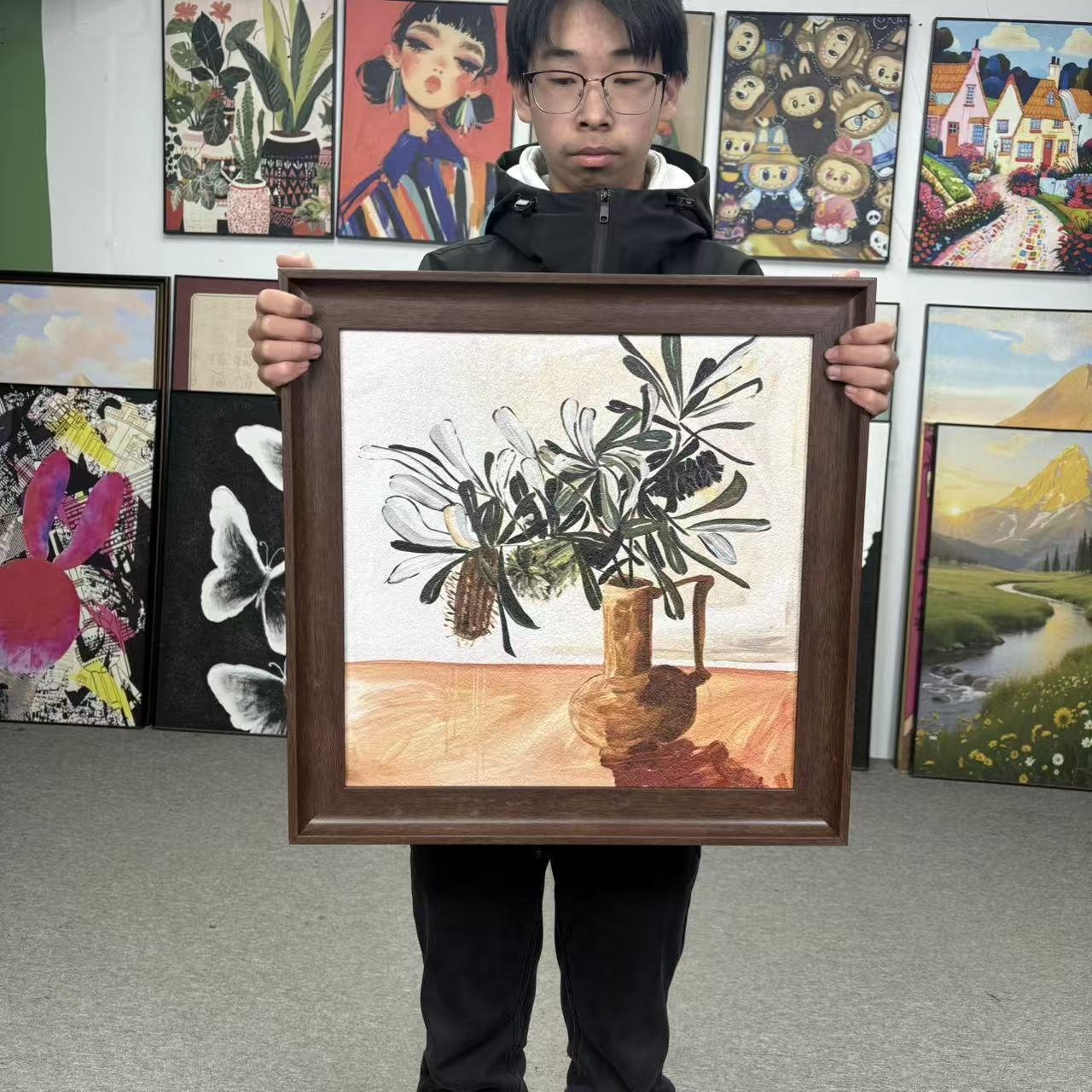 风静物盆栽客厅美式复古装饰画餐厅玄关挂画5050