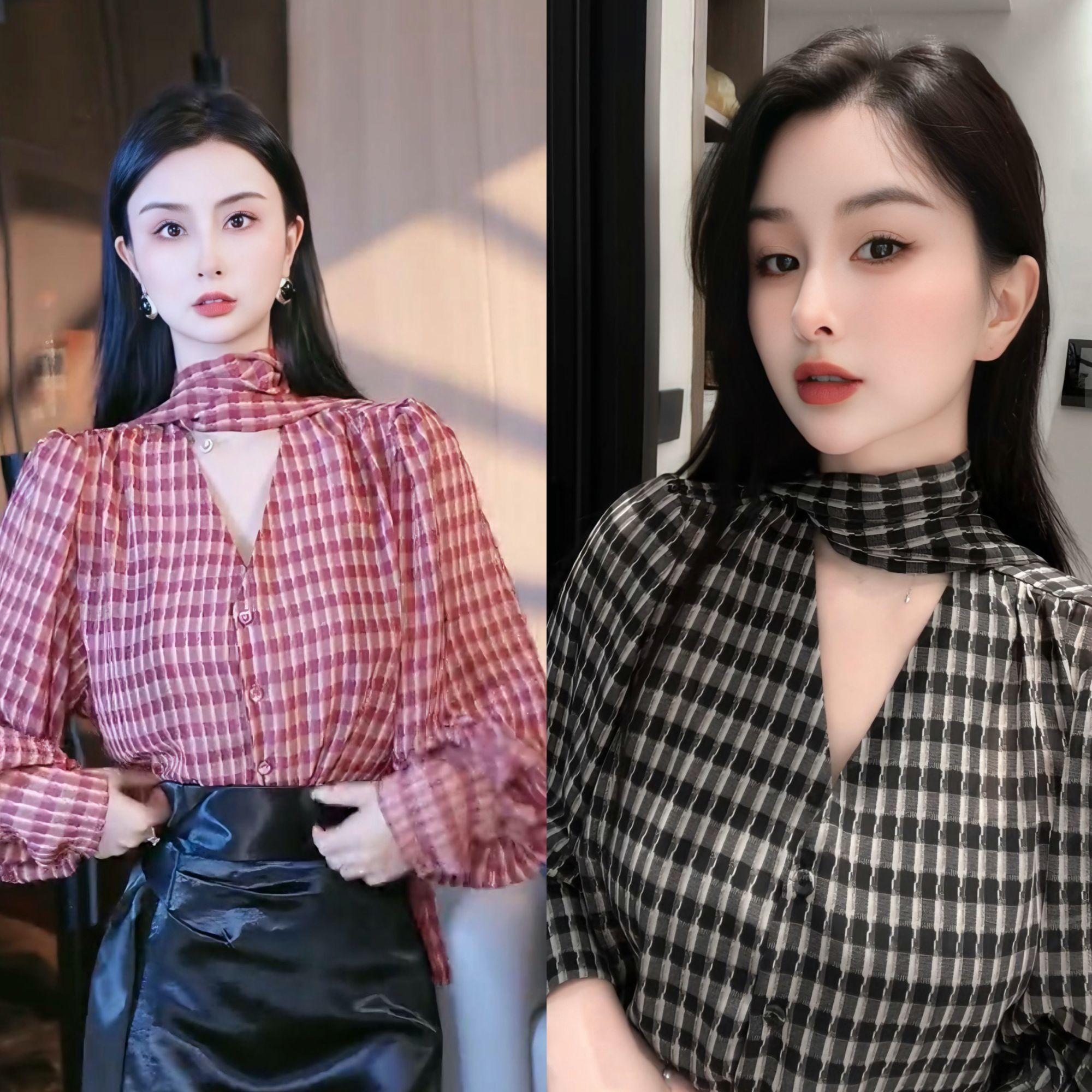 刘欣服饰 2025新款秋装雪纺格子系带领排扣衬衣网红长袖衣8494