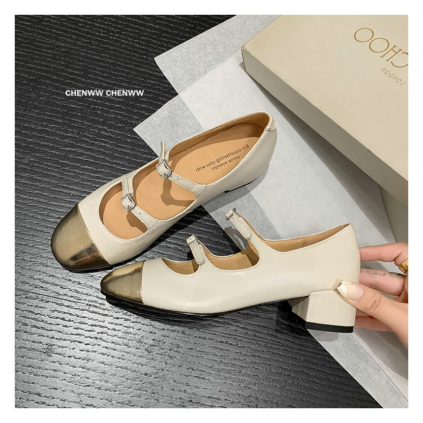 【CHENWW】小香风玛丽珍复古双钻扣带芭蕾舞浅口粗跟单鞋女