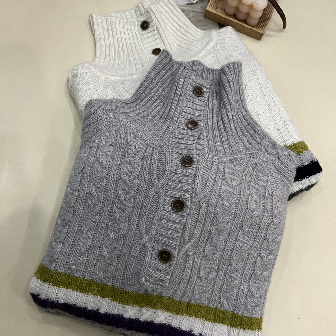 绒品 韩系拼色浮雕麻花立领半开针织衫