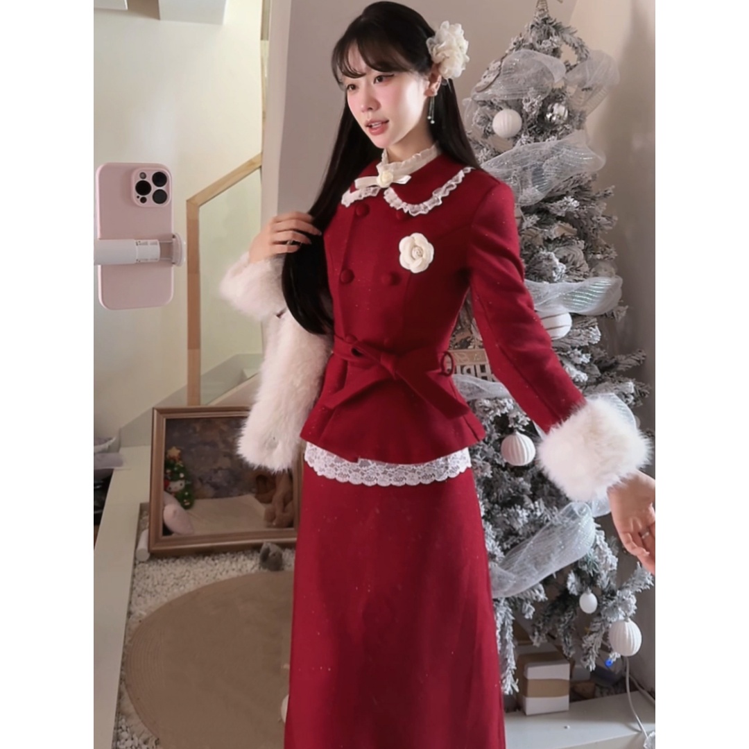 矜贵千金 法式高级感套装春秋毛绒拼接毛呢外套半身裙女-3656