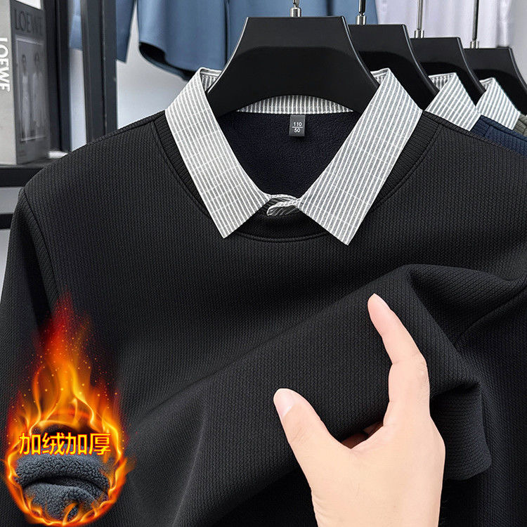 男士冬季新款加绒加厚假两件长袖休闲百搭翻领POLO衫条纹打底衫