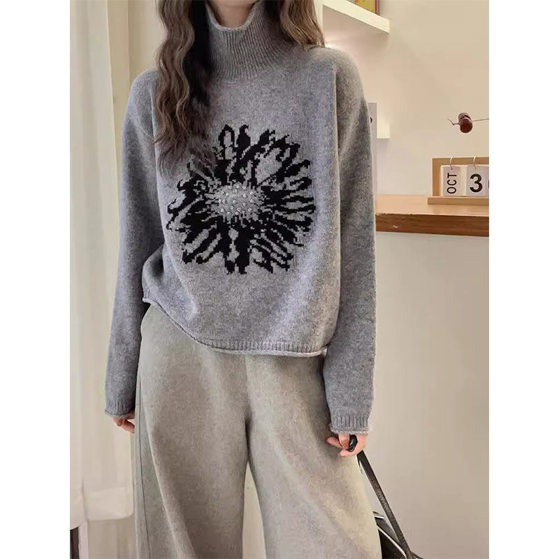 法式复古提花图案高领打底毛衣女内搭韩系百搭宽松卷边保暖针织衫