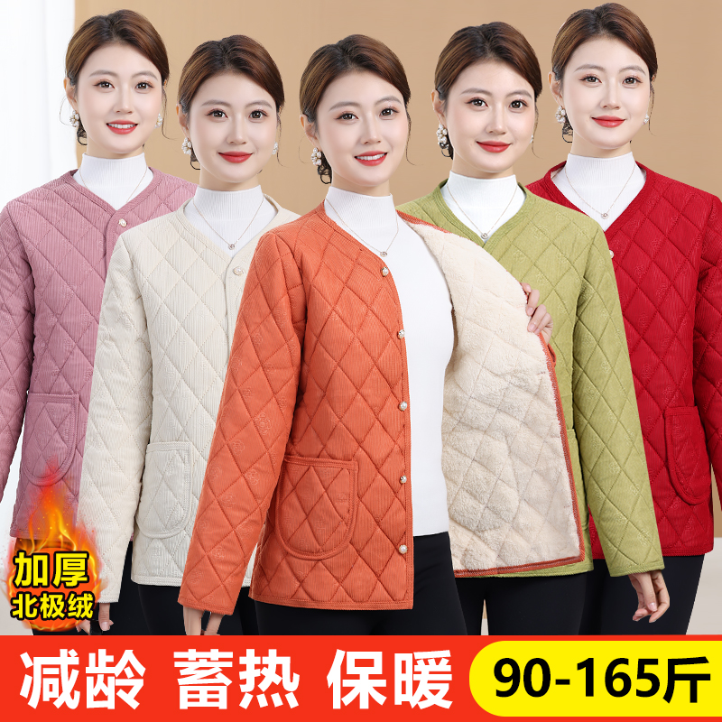 新款中老年秋冬灯芯绒加绒棉袄妈妈宽松保暖外套棉衣