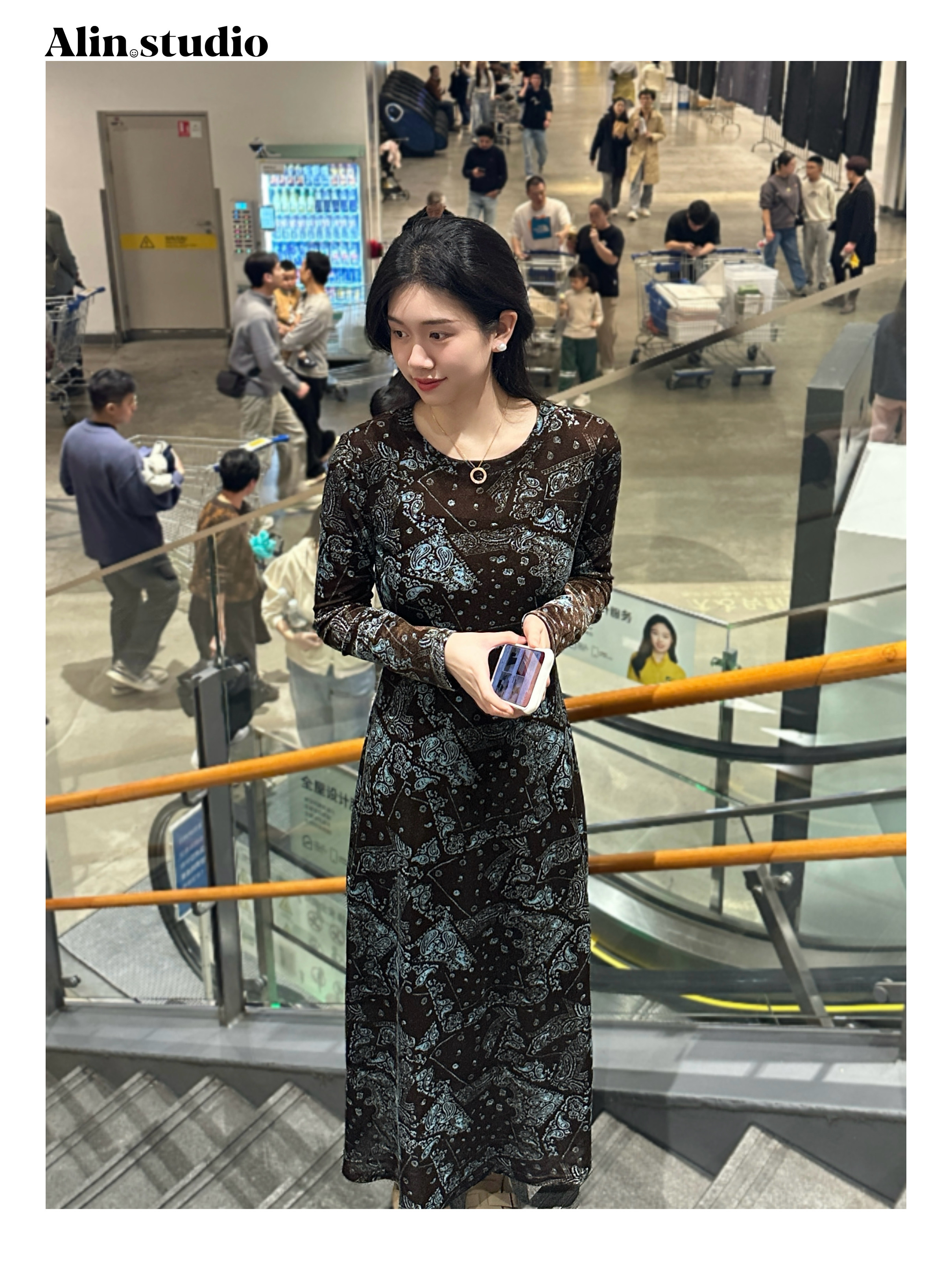 （蓝咖）（加绒）秋冬圆领长袖时尚气质高定复古显瘦长款连衣裙