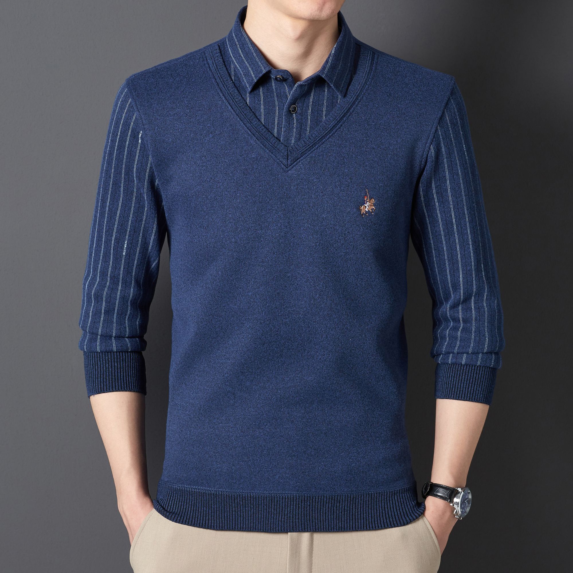 冬季男士假两件加绒毛衣HH