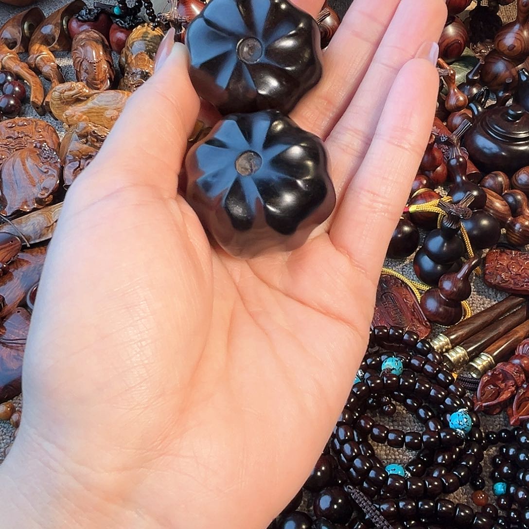 山****线乌木紫光檀南瓜手球一对