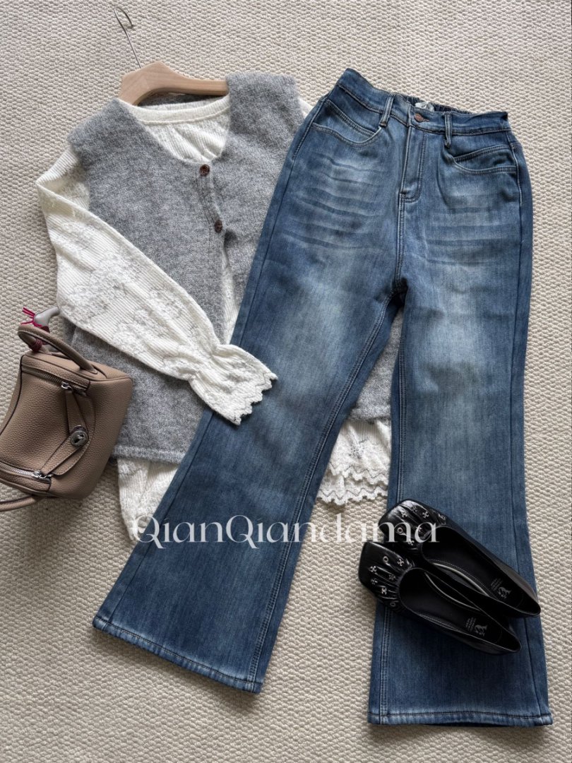 芊芊大码美式复古加绒微喇牛仔裤显瘦垂感休闲裤【JQ70026】