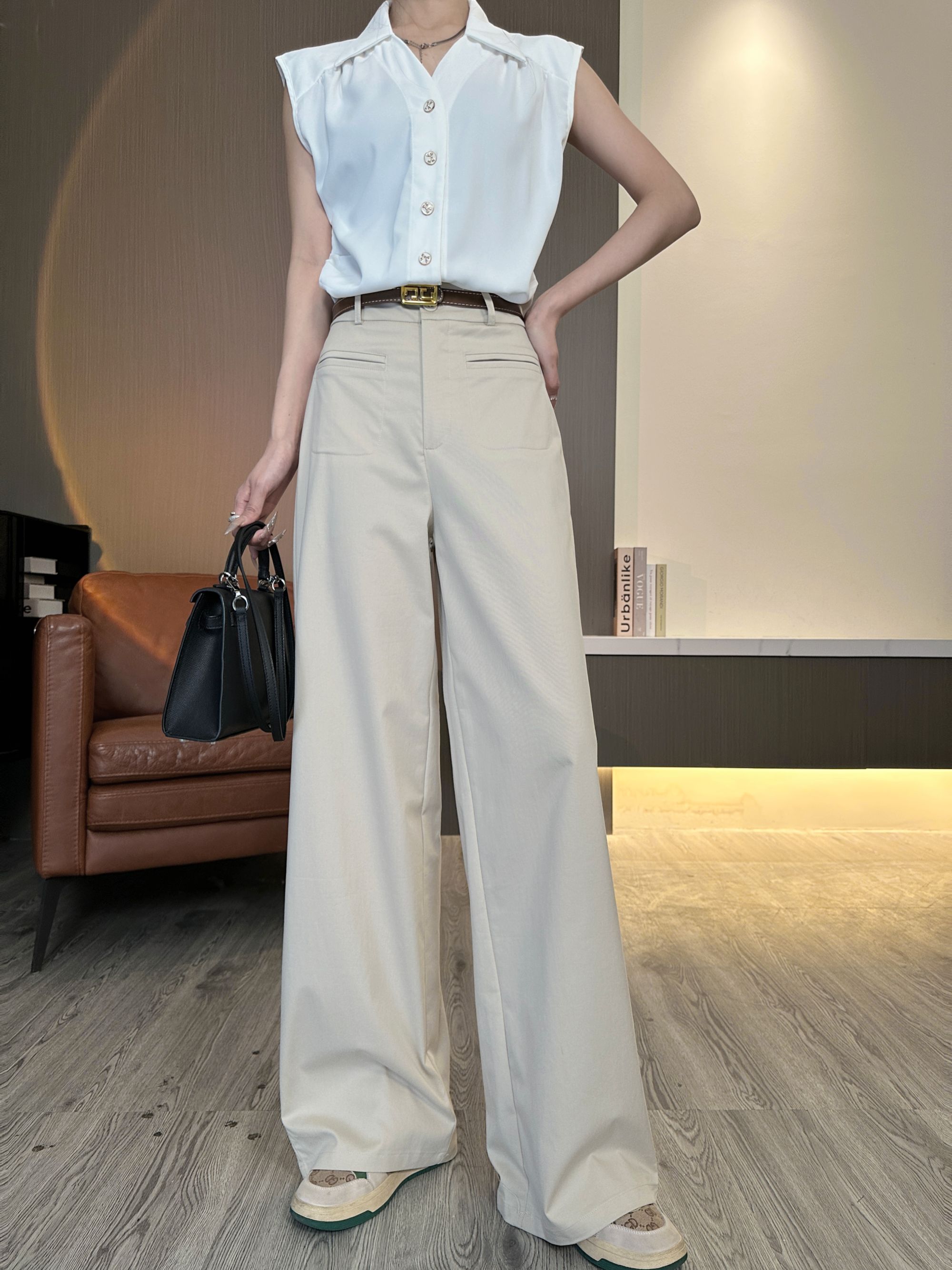 娜比小新早春韩系百搭腰带直筒拖地女裤休闲高腰设计感宽松