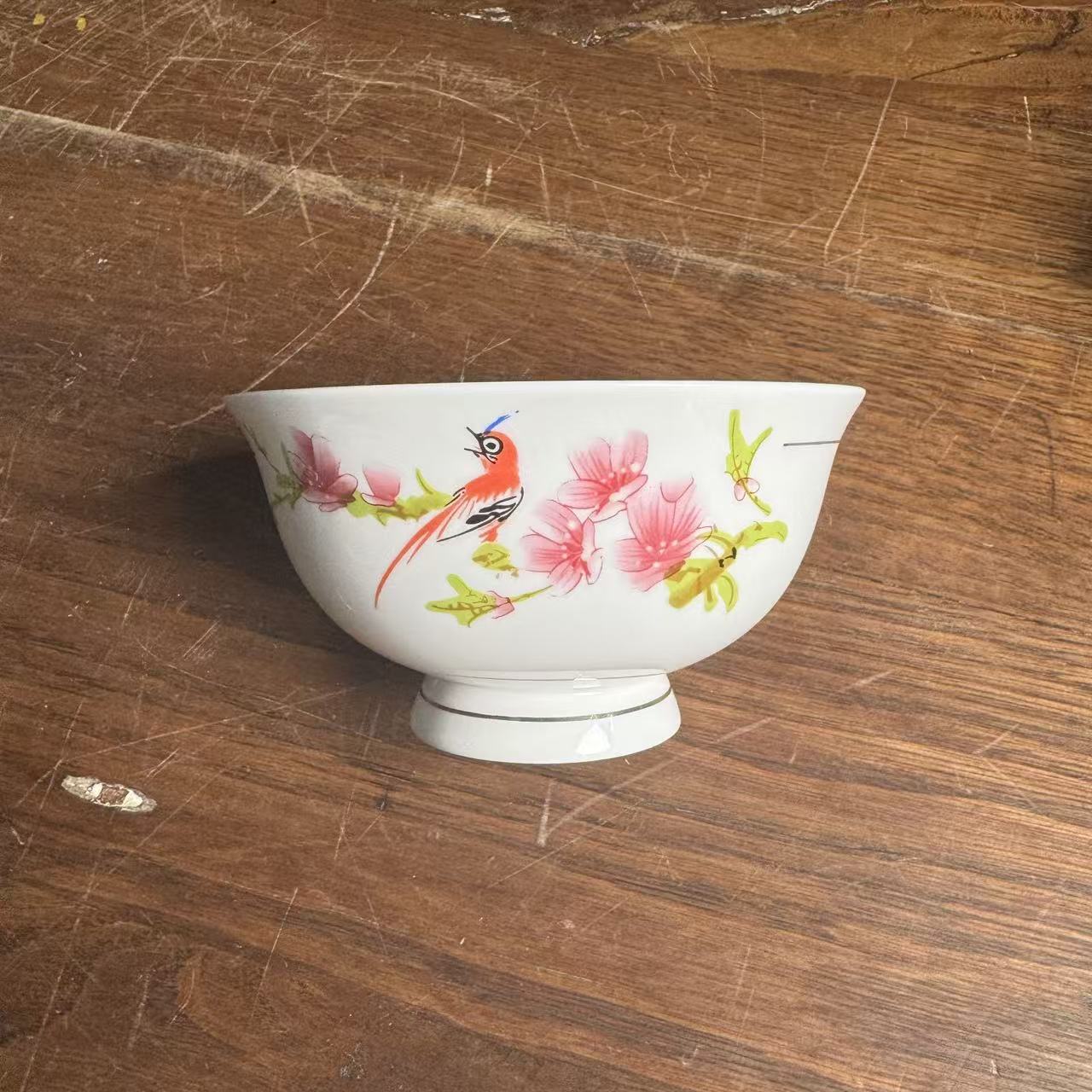 薄胎水点桃花5英寸描金高脚碗