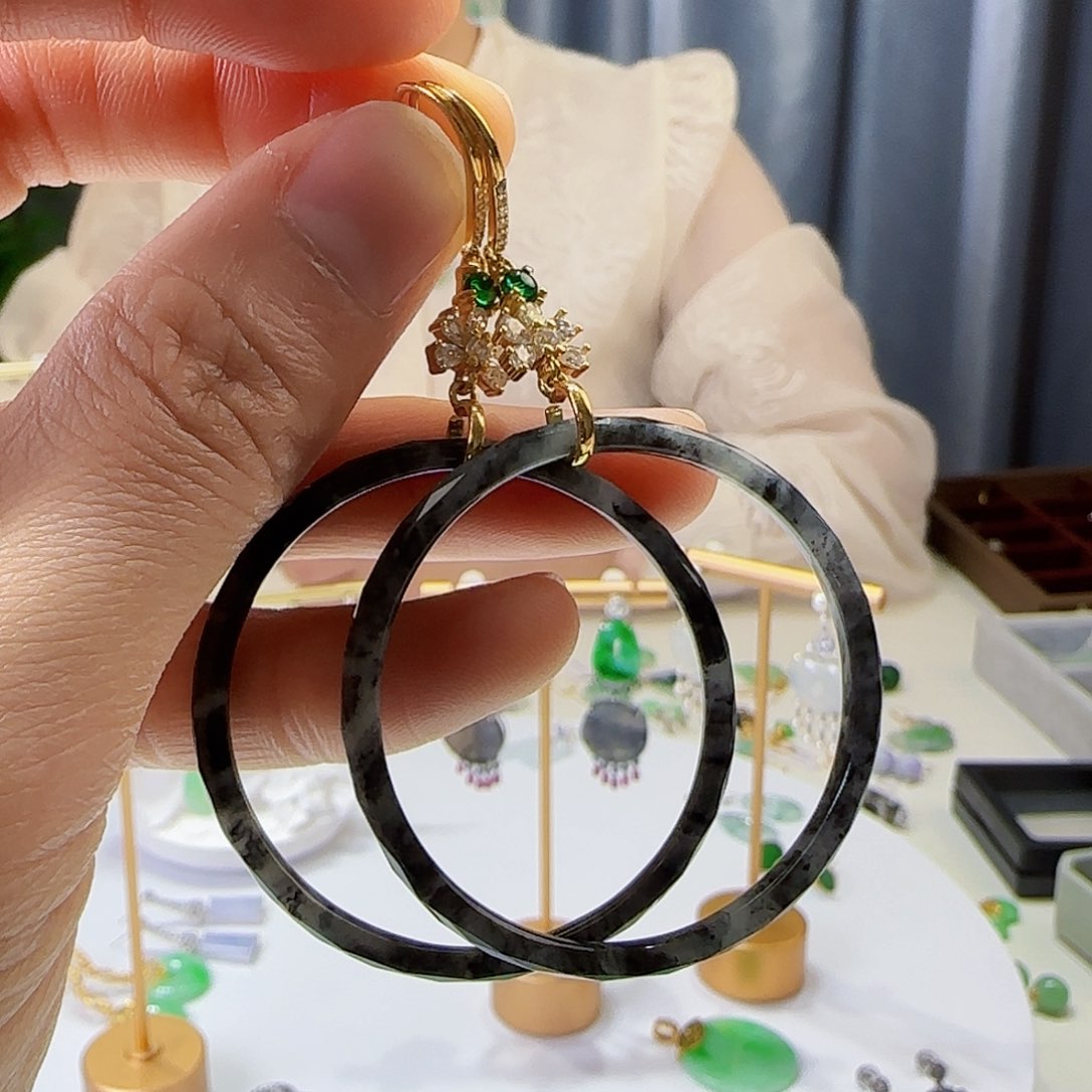 翡翠耳饰银S925镶嵌天然缅甸