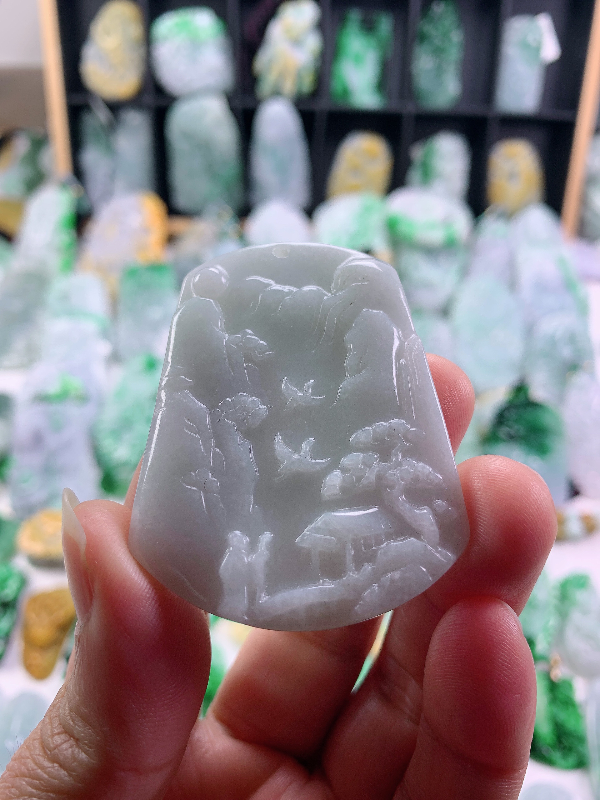 缅甸天然A货翡翠山水牌吊坠尺寸55.8-42.7-5.5