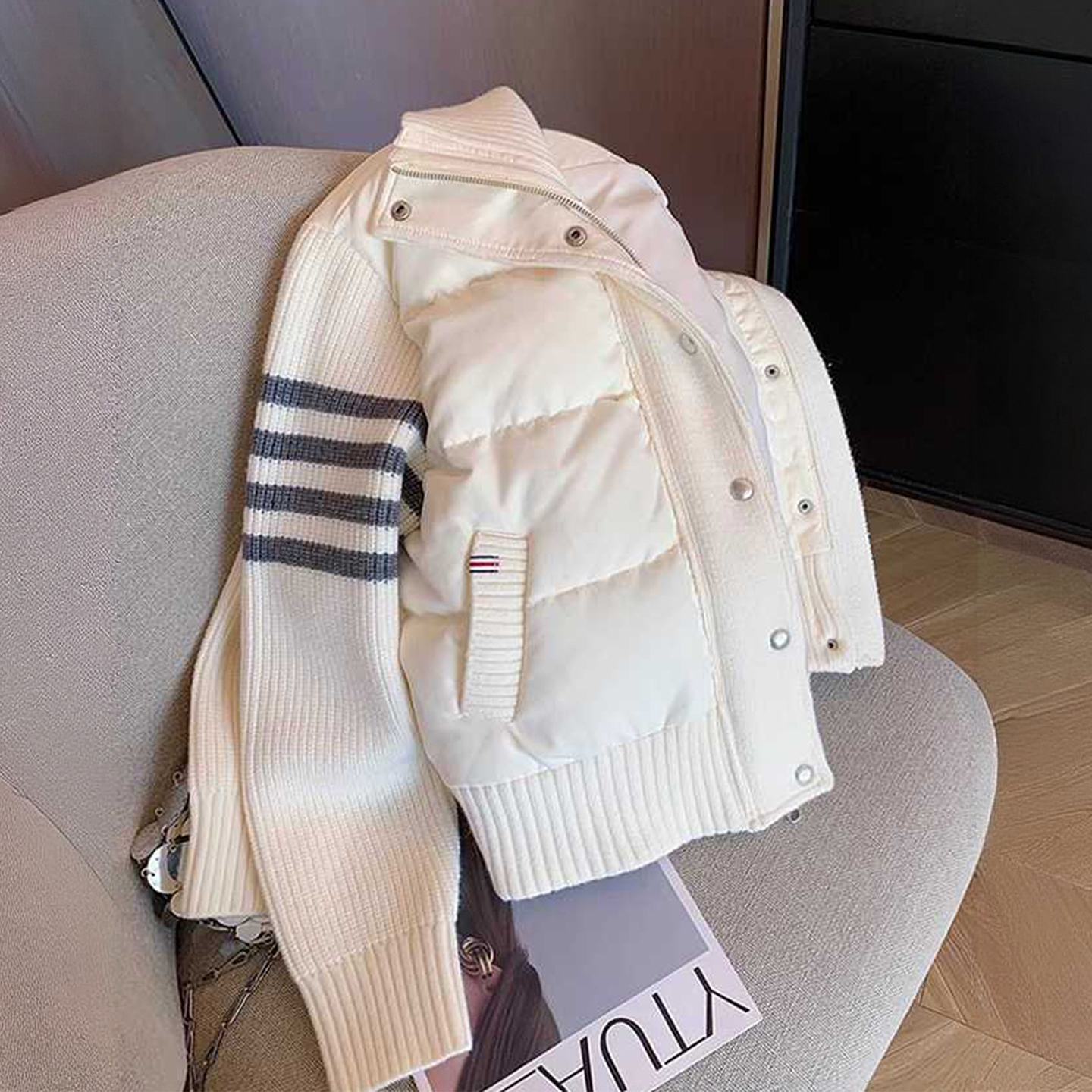 特大码不对称条纹设计棉服外套女胖mm白色针织拼接设计感立领棉衣