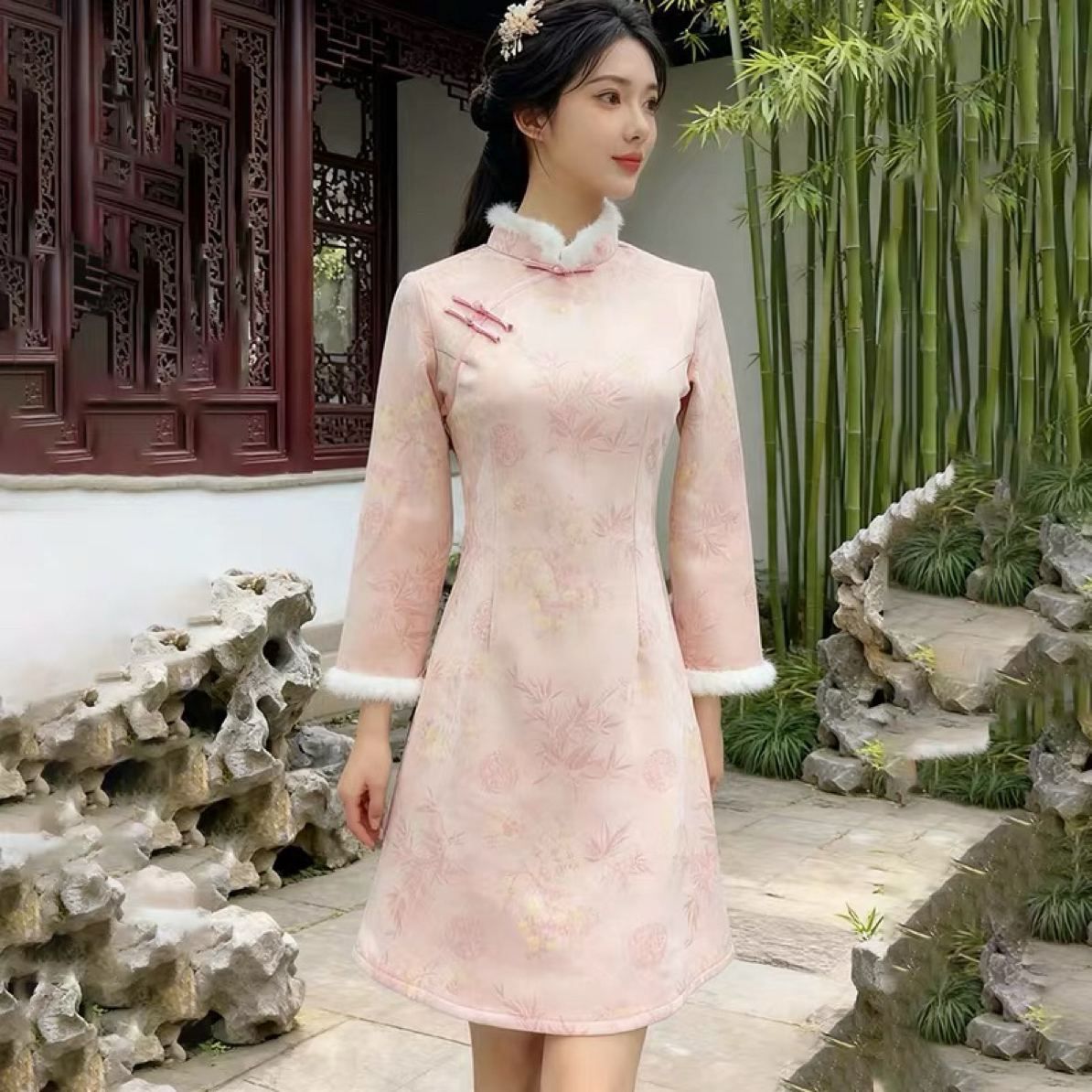 【3020 墨香如故 粉色 】（加绒加厚）复古旗袍