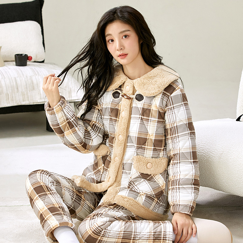 【夹棉女款清仓】夹棉睡衣女加厚三层保暖可外穿家居服套装