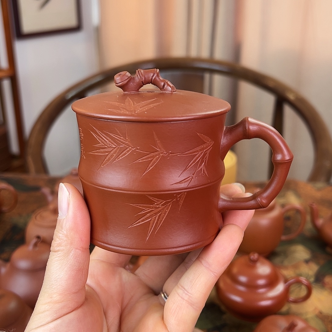紫砂茶壶精品 竹节盖杯 朱泥 200