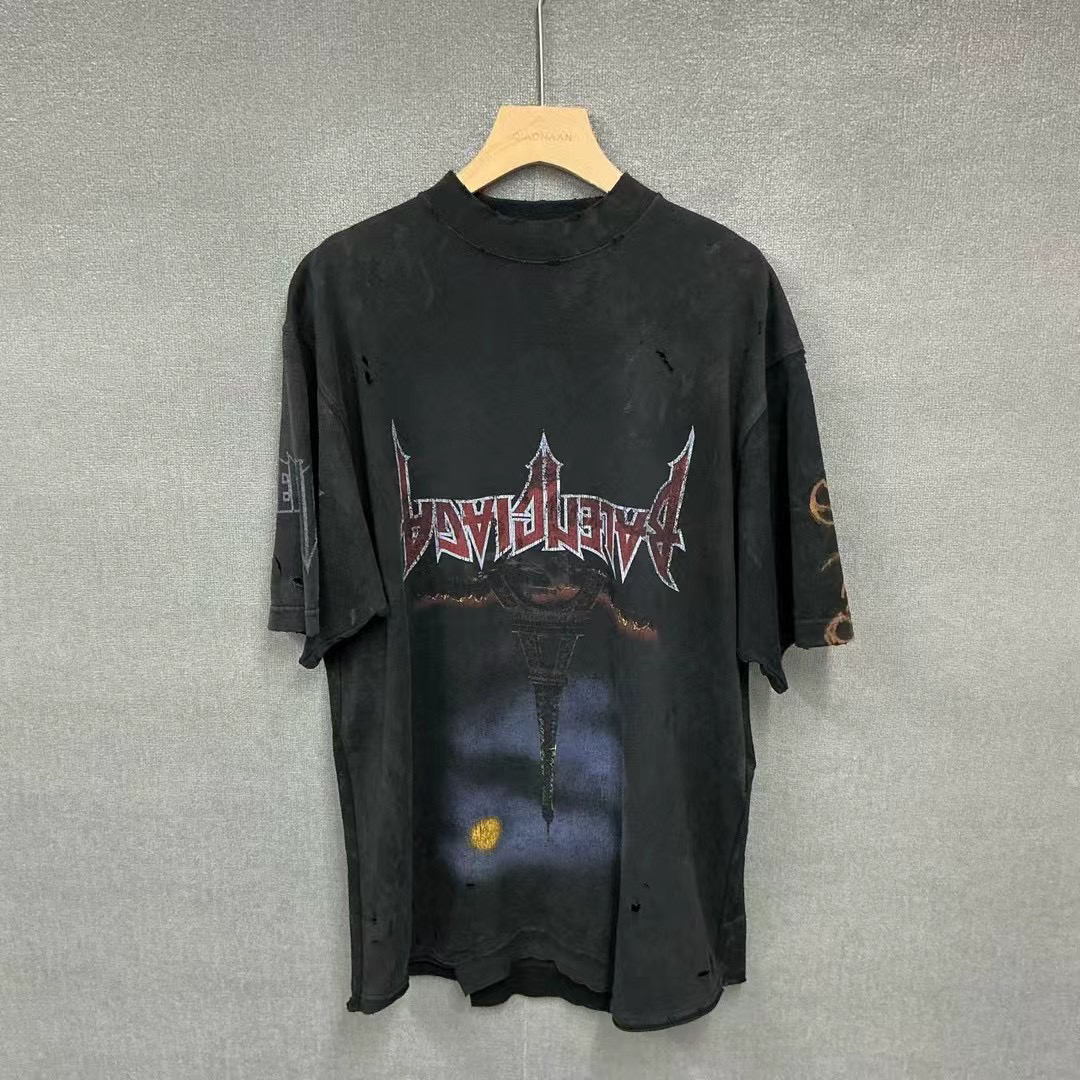 全新未使用 Balenciaga/巴黎世家 反转倒置铁塔做旧破洞短袖1码