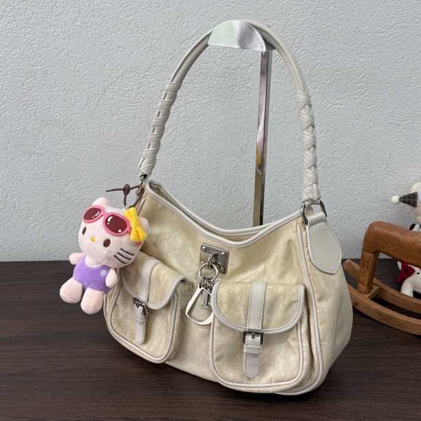 90新 DIOR/迪奥 米白色双兜hobo单肩包 底长28 118726