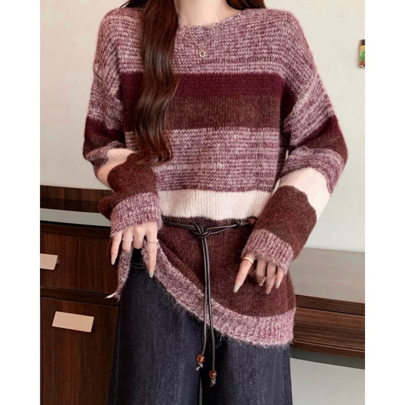 【配腰绳】时尚慵懒风撞色条纹上衣韩系新款通勤风毛衣83068#0.1