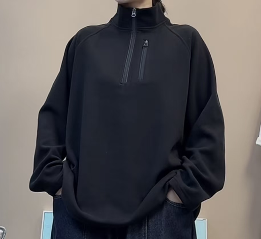 显瘦绒感绒面双拉链立领打底上衣女