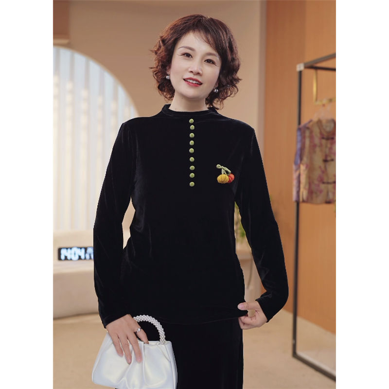 妈妈装秋装国风上衣丝绒小衫中老年秋季长袖显瘦中式打底衬衫8432