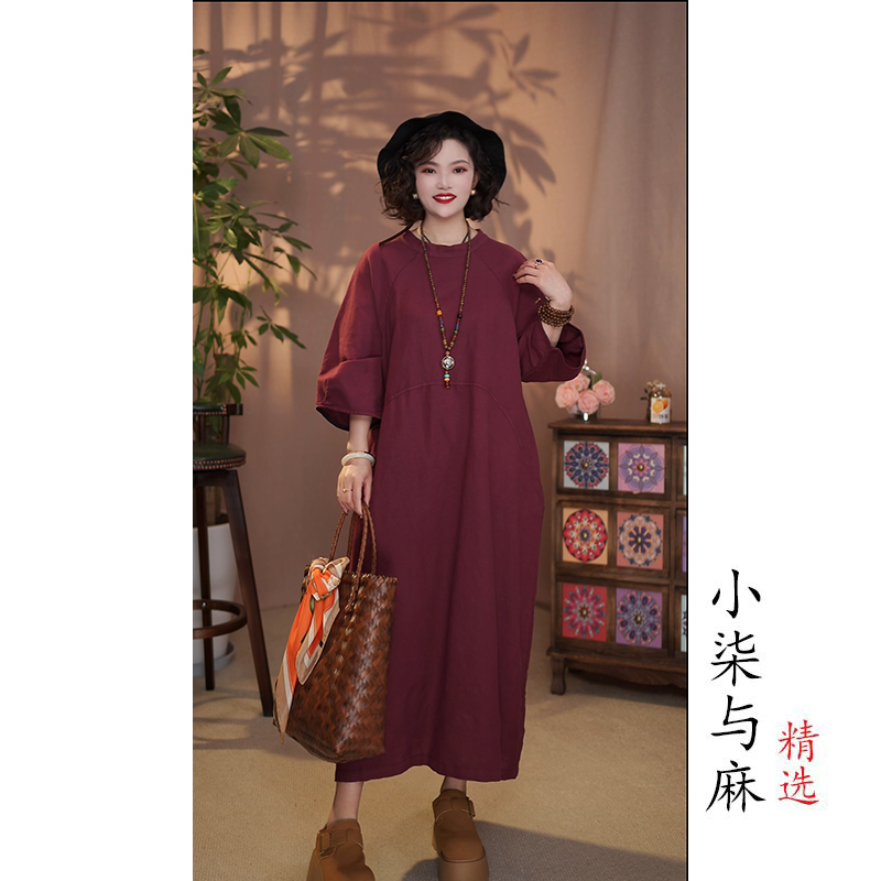 【小柒与麻】新款复古风汉麻圆领短袖裙袍（衣长115胸围130）酒红色