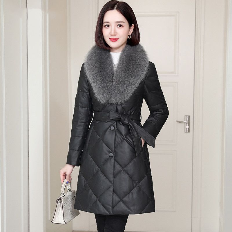 海宁皮衣2025冬款皮衣加厚棉服女中长款宽松大毛领PU皮加绒外套