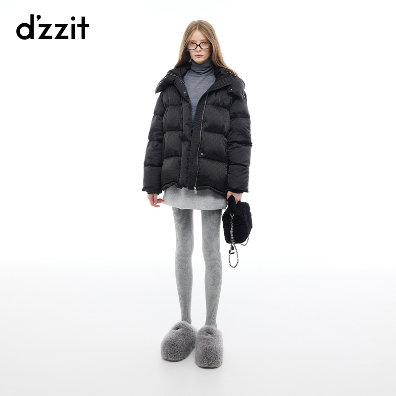 dzzit地素羽绒服冬季摩登暗纹提花宽松连帽外套女3I4K3091A