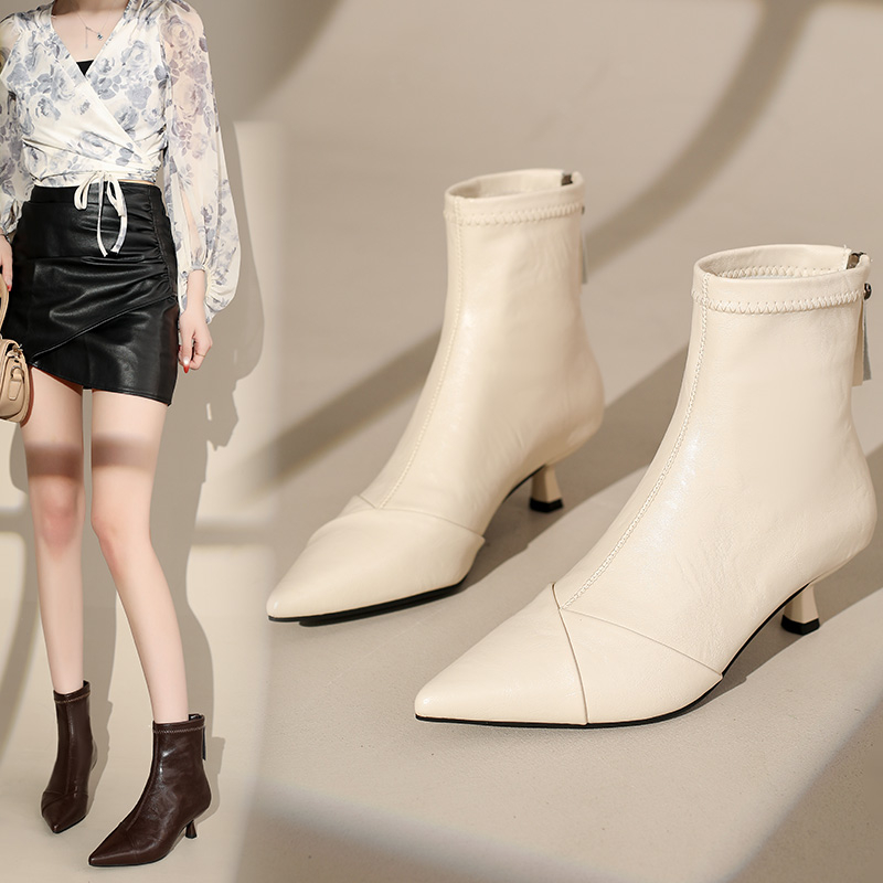 弹力靴女高跟短靴高级感白色方头细跟及踝靴秋冬季通勤气质瘦瘦靴