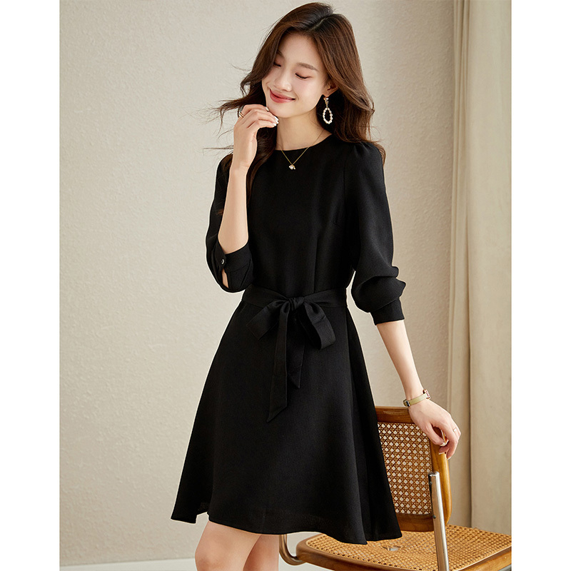 F梵希蔓重工蜂窝肌理感长袖连衣裙女春气质绑带收腰衬衫裙V7798