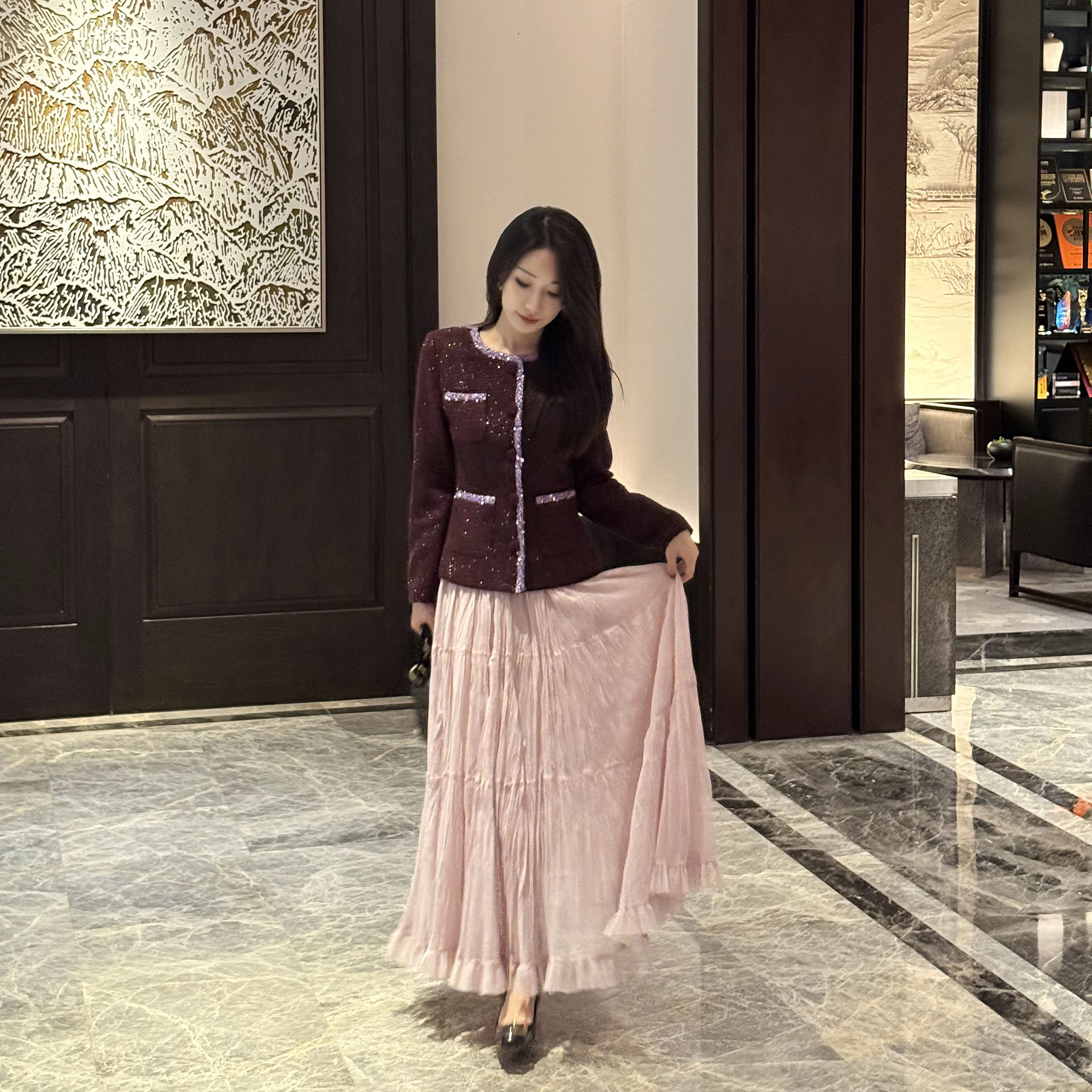 敏敏【紫霞仙子】淡粉色时尚网纱半身裙秋季新款高腰显瘦中长款半裙