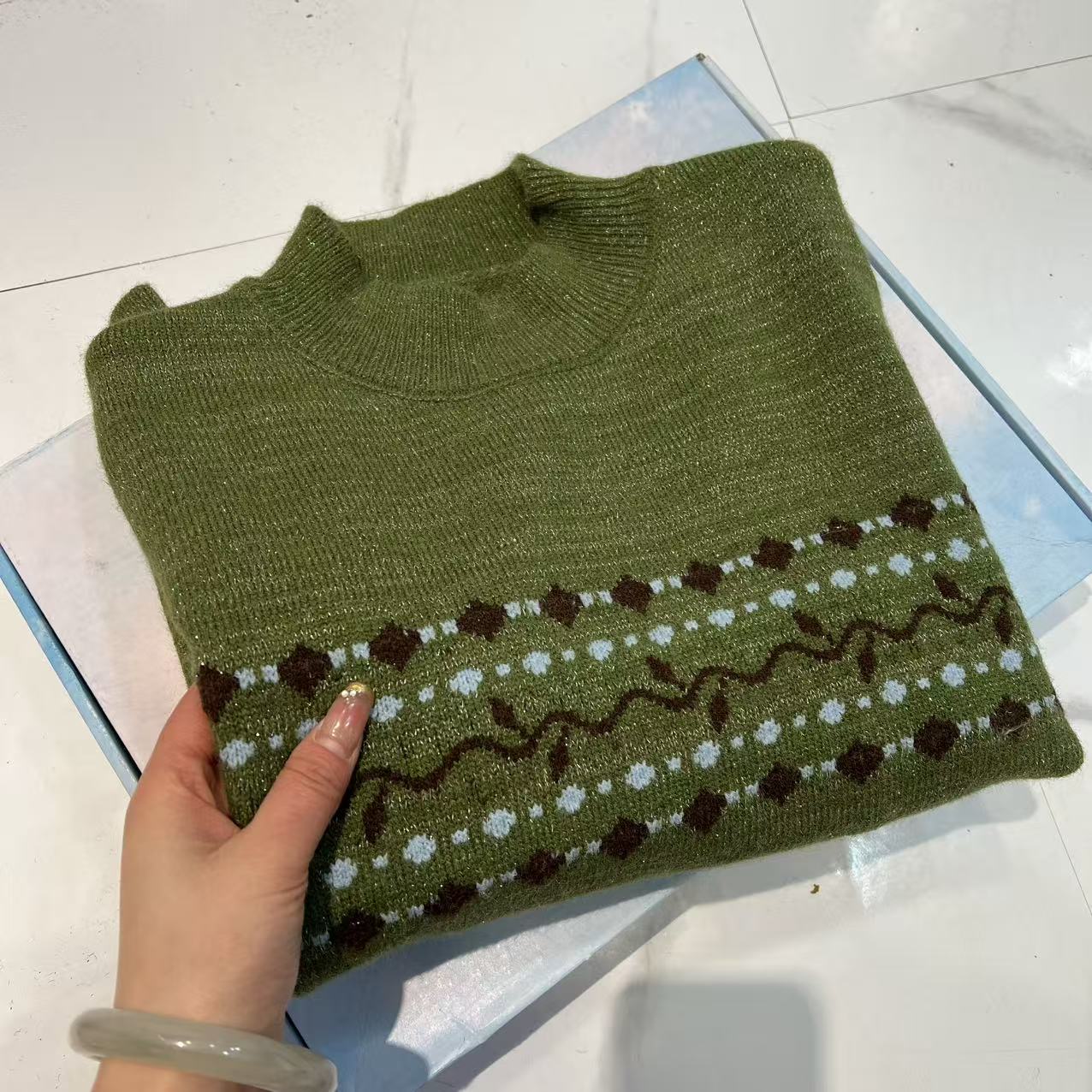 【翠绿亮丝】时尚秋冬新款中老年妈妈款宽松半高领针织衫a24