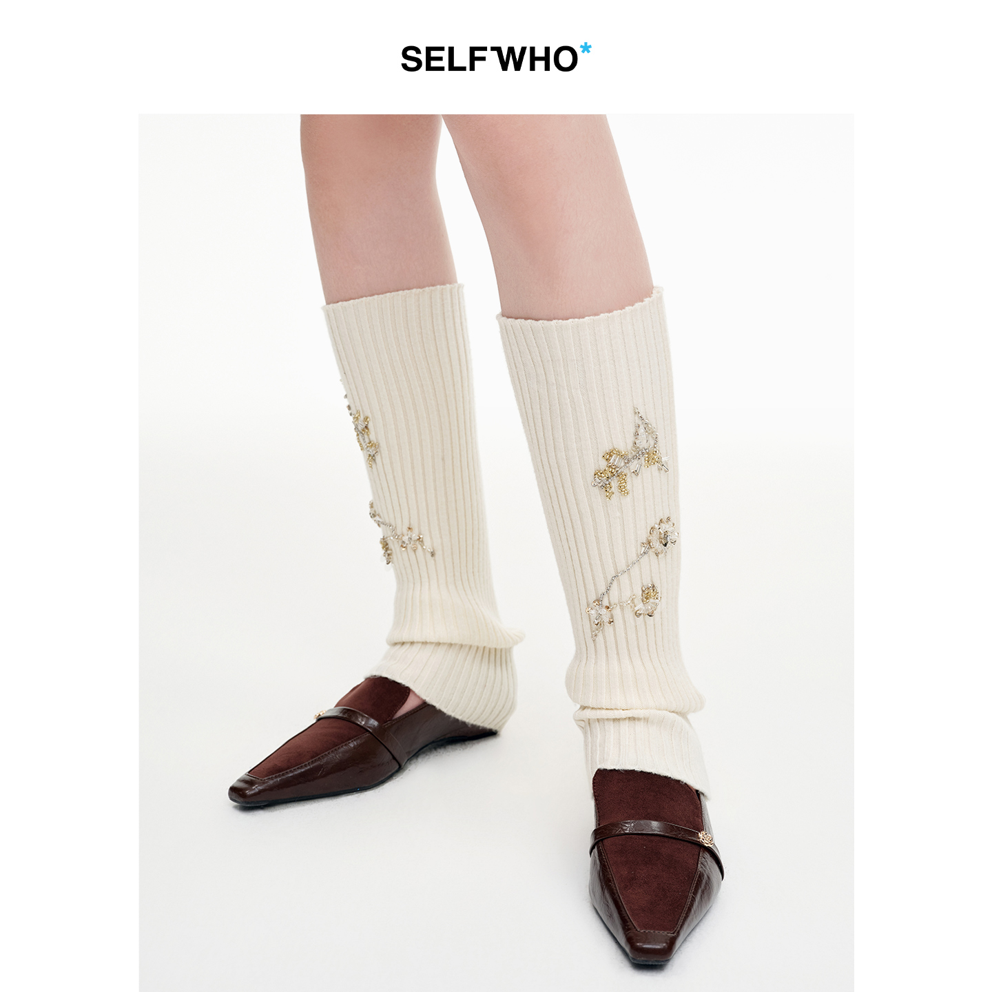SELFWHO绵羊毛混纺白色堆堆袜女2025秋新款重工钉珠花卉装饰袜套