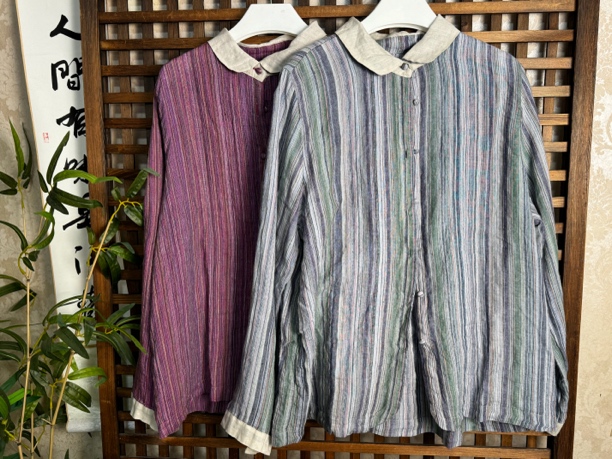 色织亚麻彩条衬衫