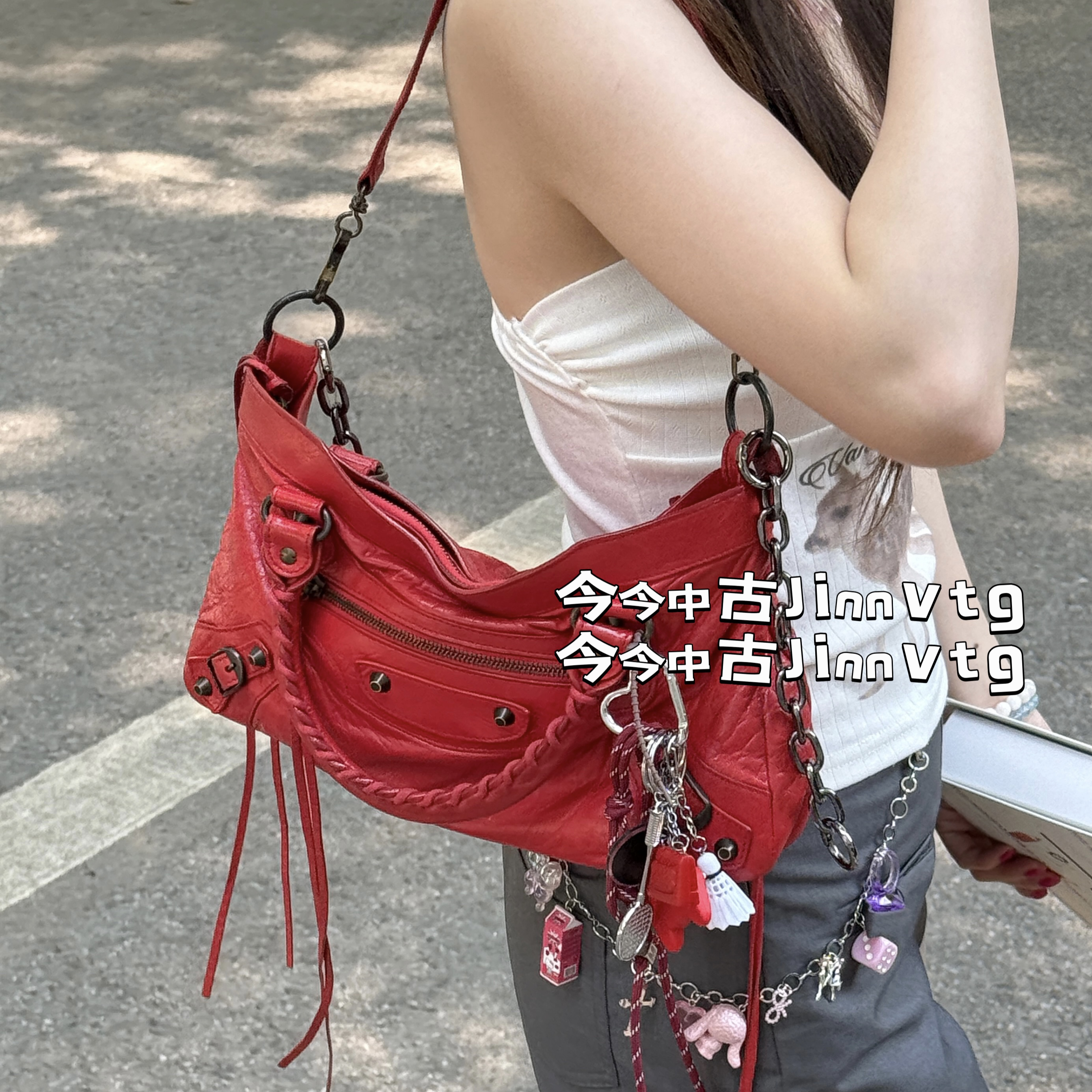 95新 Balenciaga/巴黎世家 正红色小号first机车单肩斜挎包包