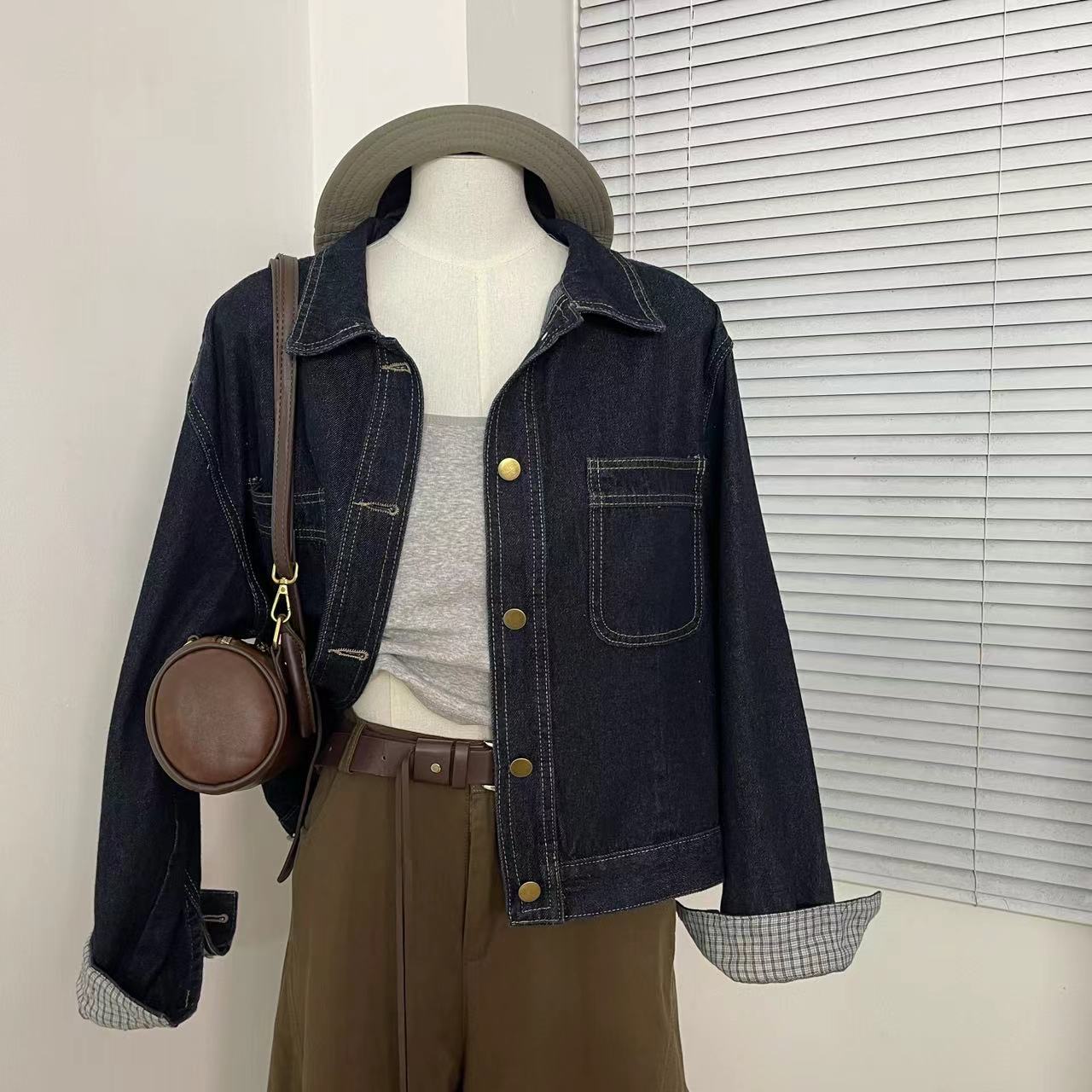 keke定制 韩国东大门秋季新款时尚韩版百搭拼接撞色牛仔外套女