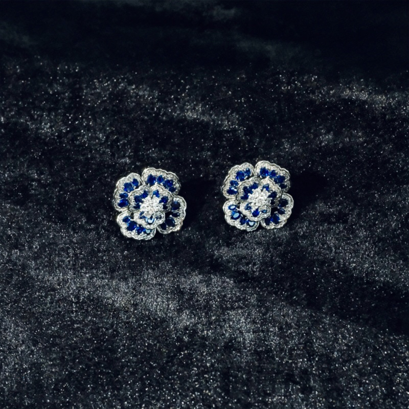 合金锆石耳饰 大梦须臾｜瑶花凝蓝·蓝宝海棠花镶钻耳饰