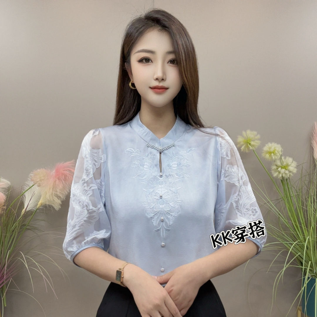 【KK】YLY8916夏季时尚刺绣珠子领扣五分袖款气质百搭衬衫