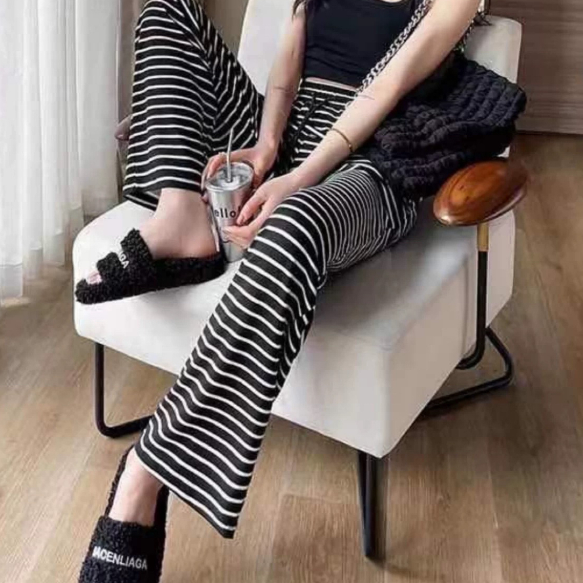 秋款薄款慵懒撞色条纹阔腿裤女高腰宽松直筒拖地长裤