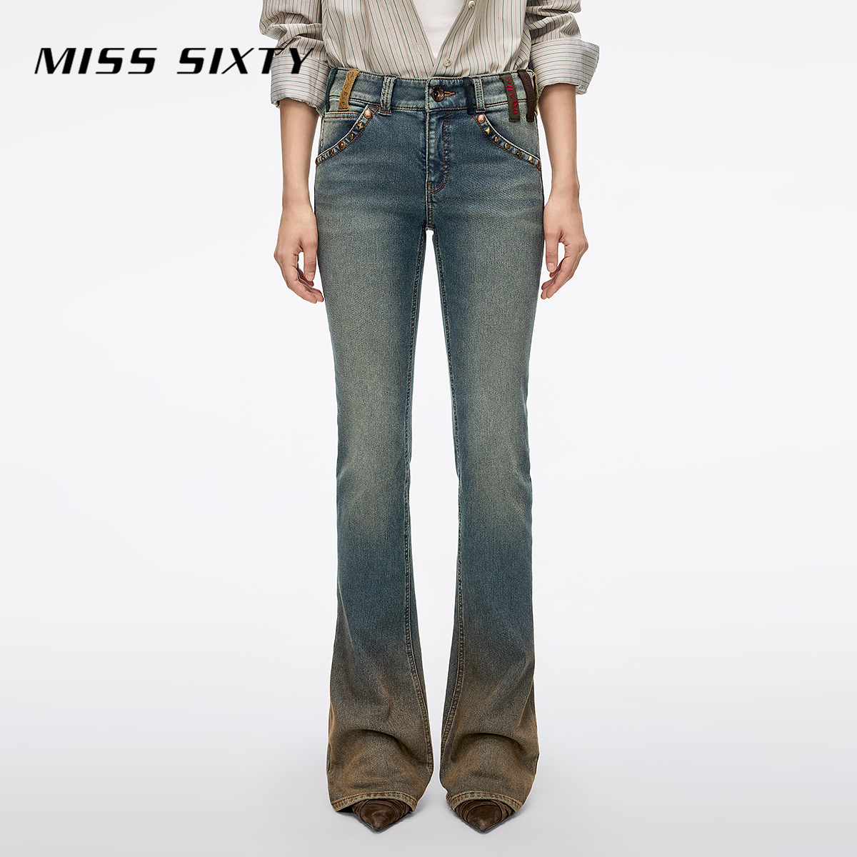 Miss Sixty2025秋季新款磨毛牛仔裤女多耳仔泥染做旧感微喇叭裤